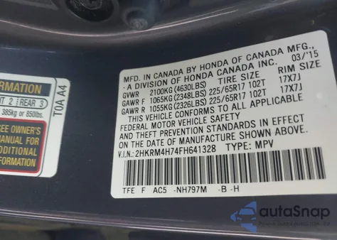 2015 Honda Cr-V Ex-L z USA, uszkodzony, nr VIN 2HKRM4H74FH641328